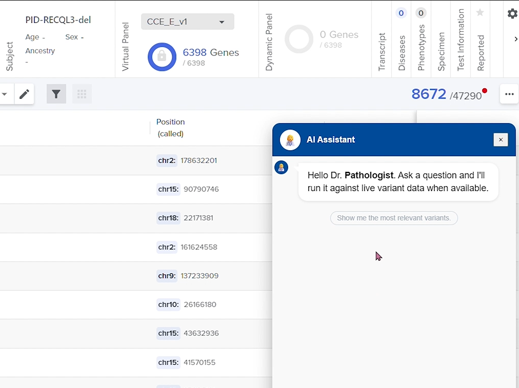 Sophia Genetics — AI Assistant in genomic data filtering interface